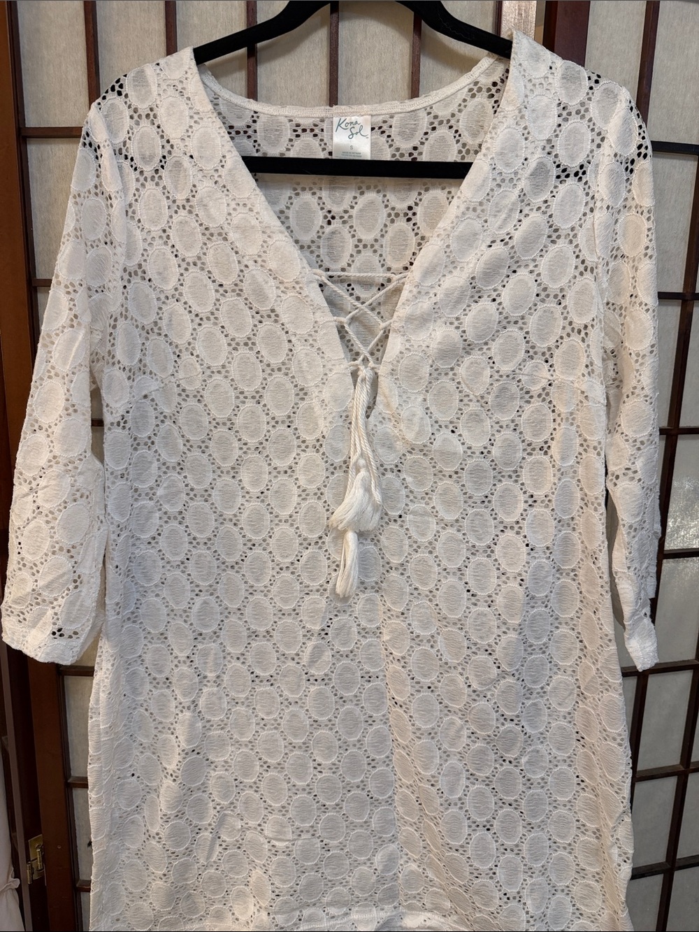 Kona Sol White Lace Midi Dress with Tassel Tie